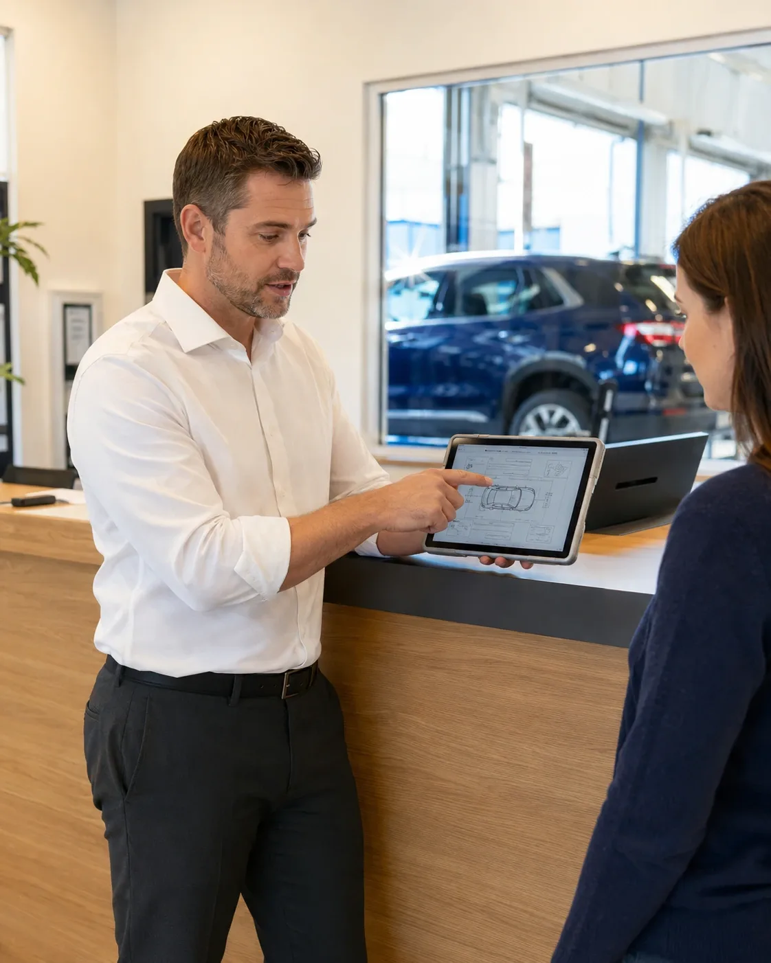 Un conseiller technique explique un rapport sur sa tablette