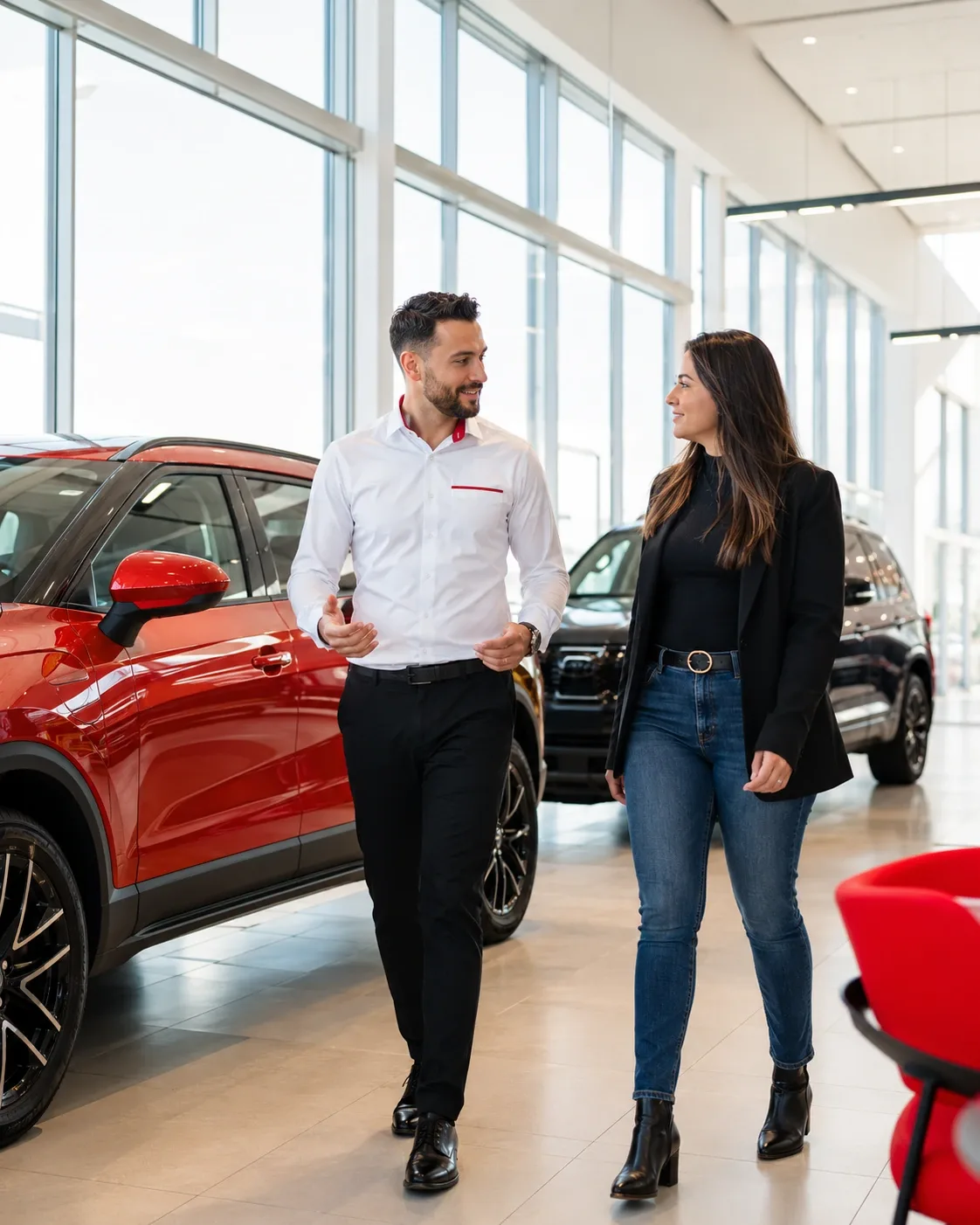 Un conseiller aux ventes accompagne une cliente vers son véhicule