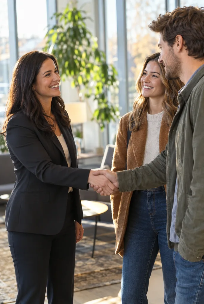 Une conseillère aux ventes serre la main d’un jeune couple
