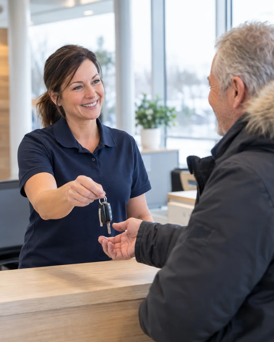 Une conseillère au service remet les clés à un client