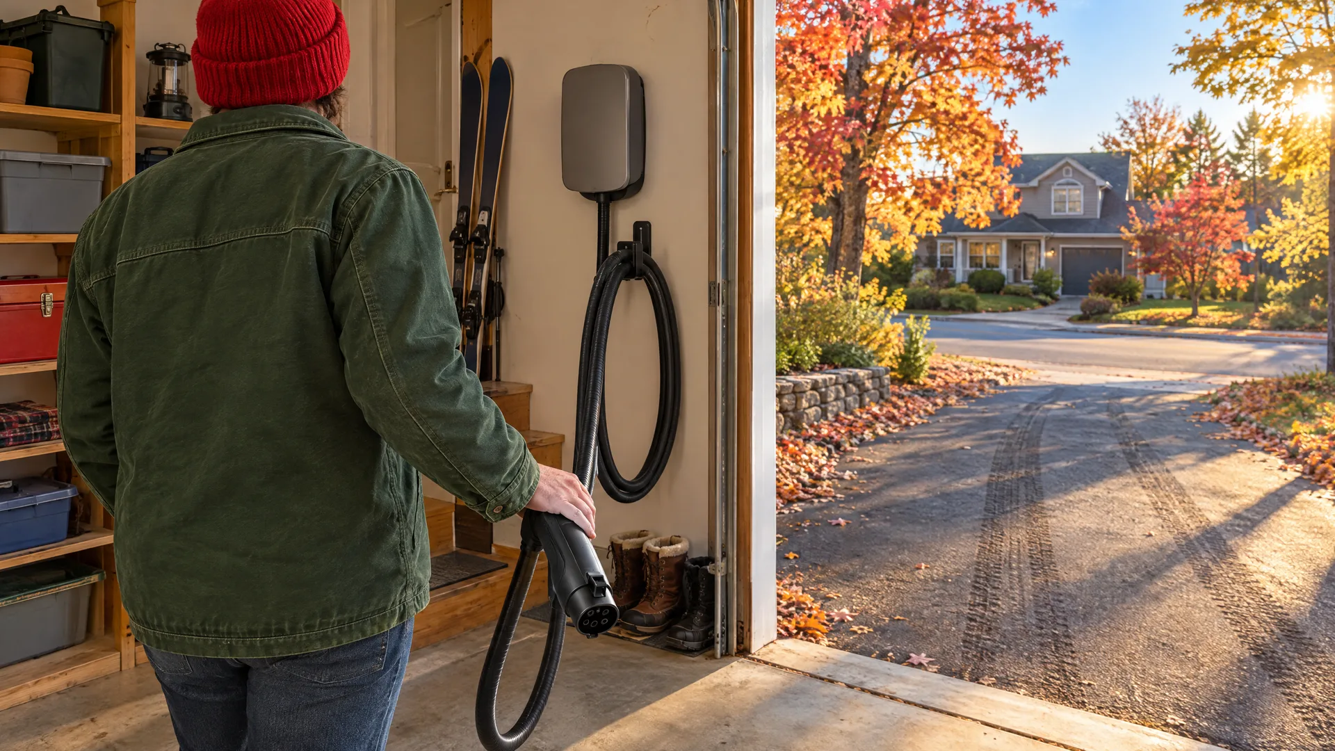Personne de dos qui décroche un câble de recharge d'une borne murale de garage résidentiel, tuque rouge, fin de journée d'automne