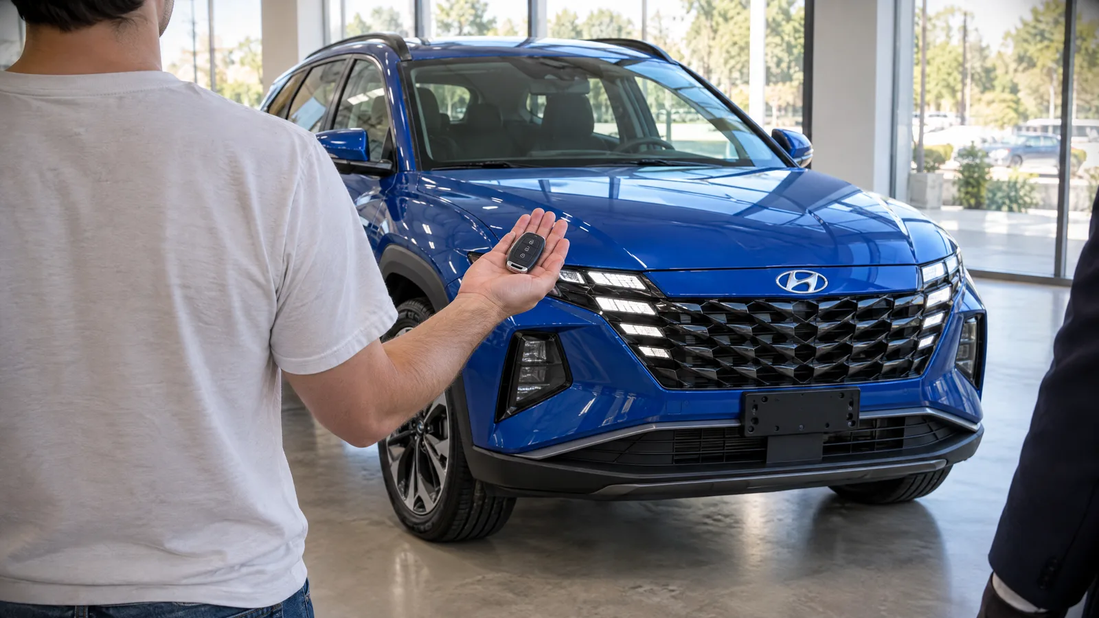 Conseiller de dos remettant un porte-clés au-dessus du capot d'un Hyundai Tucson 2026 bleu dans une salle de montre lumineuse, aucun visage visible