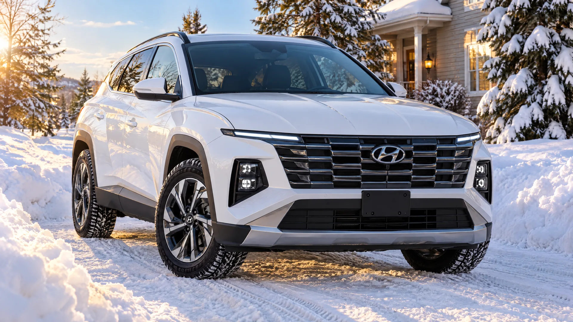 Hyundai Tucson 2026 blanc cristal dans une entrée enneigée, traces de pneus fraîches, soleil bas de fin d'après-midi d'hiver