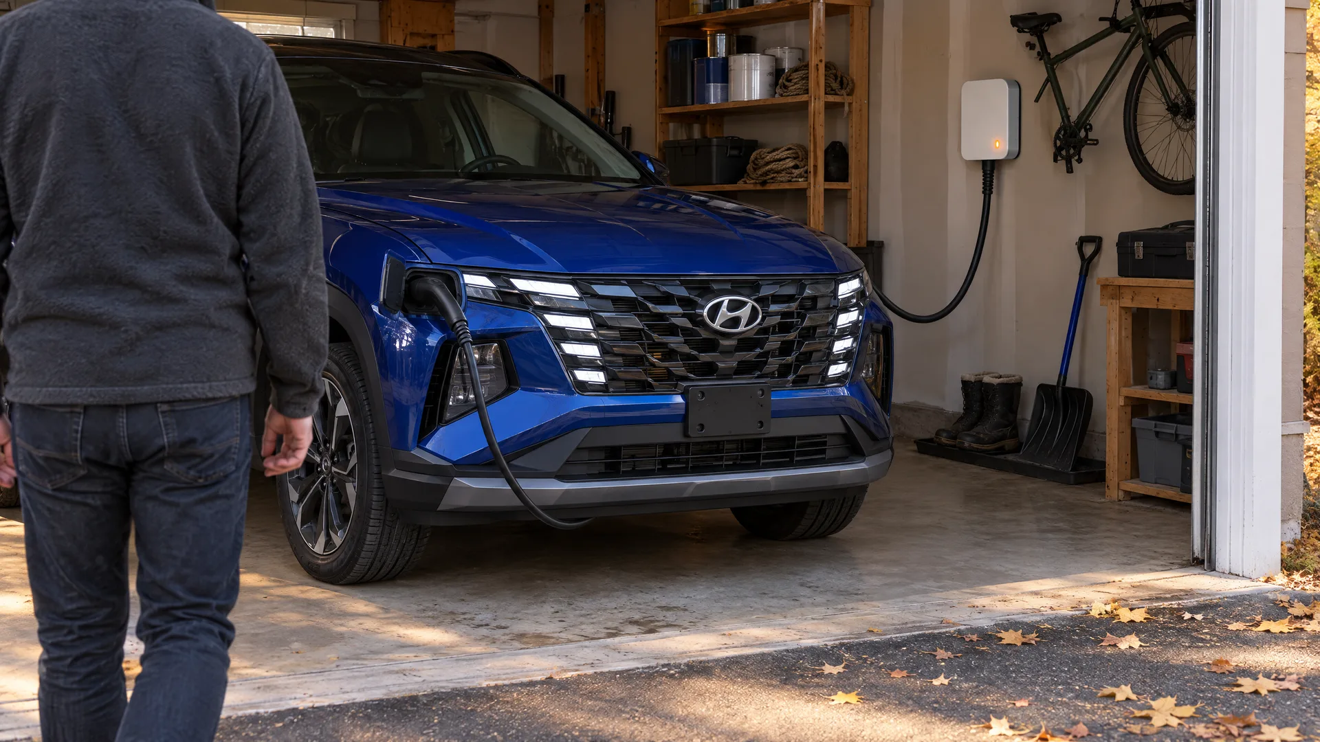 Personne qui vient de brancher un Hyundai Tucson hybride rechargeable à une borne murale dans un garage résidentiel, fin de journée d'automne