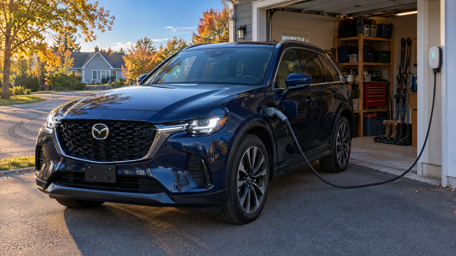 Mazda CX-70 hybride rechargeable bleu branché à une borne murale dans une entrée de garage québécoise, câble tendu sous son propre poids