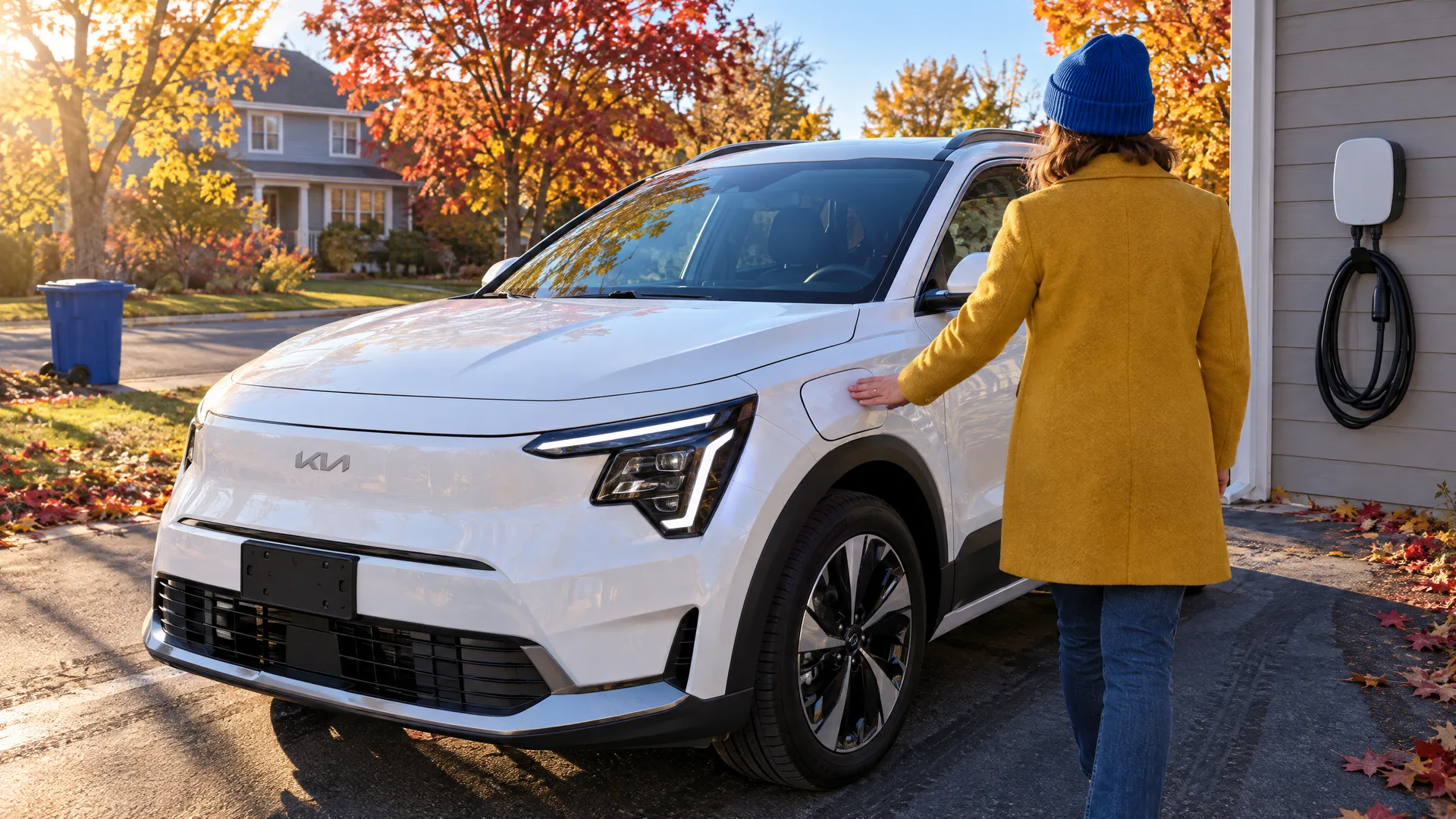 Personne de dos, tuque bleue, qui referme la trappe de recharge d'un Kia Niro EV 2026 blanc dans une entrée de cour, borne murale à côté