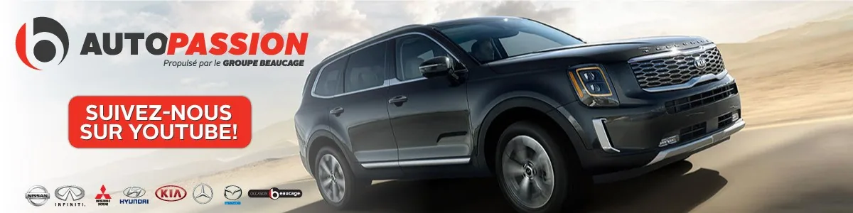 Bannière de l'émission AutoPassion : utilitaire noir roulant dans le désert, invitation à suivre l'émission sur YouTube