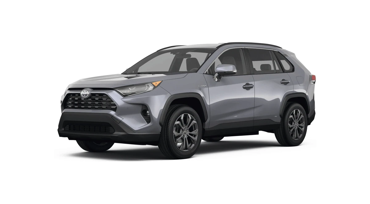 Toyota RAV4 2023 gris argent sur fond blanc, vue de trois quarts avant