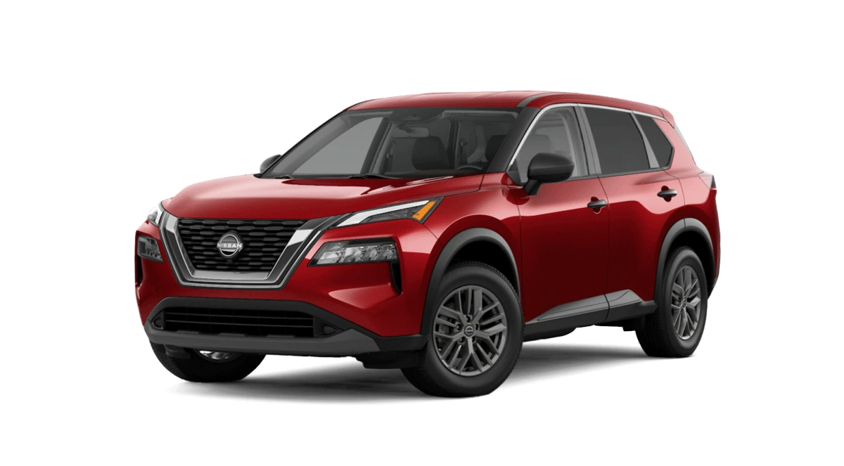 Nissan Rogue 2023 rouge sur fond blanc, vue de trois quarts avant
