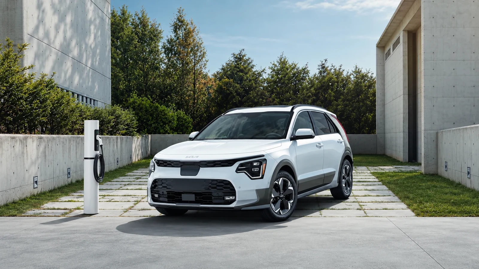 Kia Niro EV blanc stationné dans une entrée, près d’une borne de recharge sur poteau