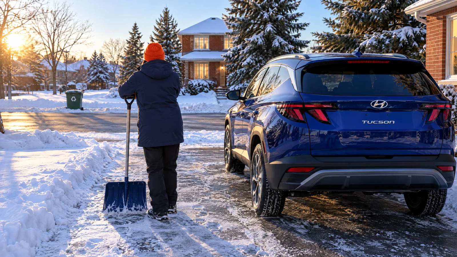 Personne de dos qui dégage la neige derrière la roue arrière d'un Hyundai Tucson bleu, entrée de cour déneigée des Cantons-de-l'Est