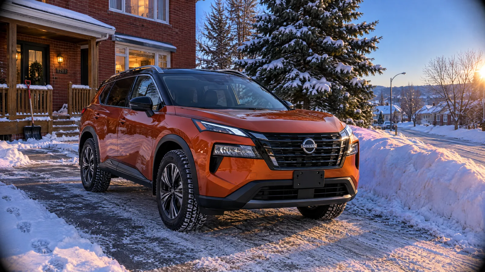Nissan Rogue 2026 orange stationné devant une maison en brique de Sherbrooke, neige fraîche au sol et ciel bleu de fin de journée
