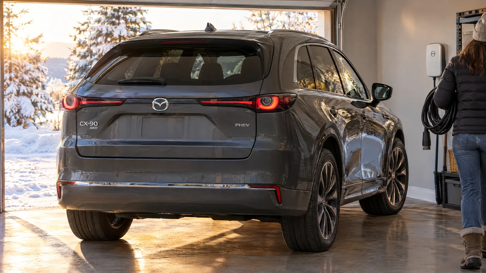 Personne vue de dos qui range le câble de recharge d'un Mazda CX-90 PHEV 2026 gris machine dans un garage résidentiel, neige ensoleillée par la porte ouverte