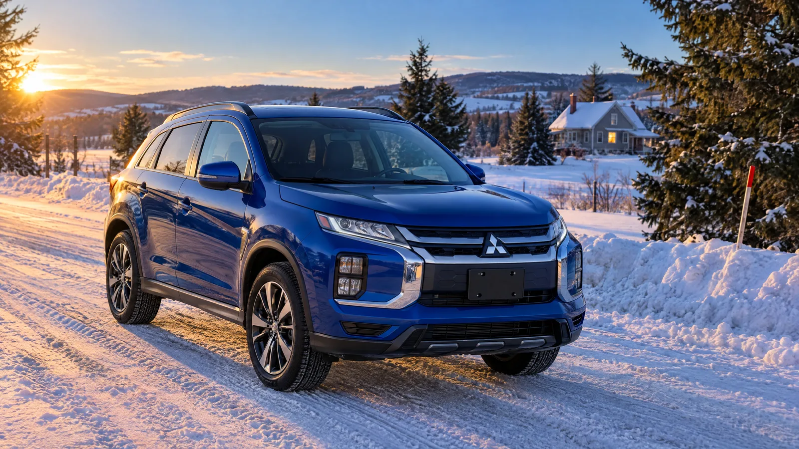 Mitsubishi RVR 2026 bleu octane sur une route de campagne enneigée des Cantons-de-l'Est, soleil bas de fin d'après-midi d'hiver