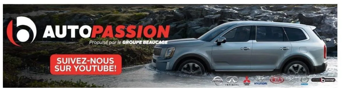 Bannière de l'émission AutoPassion montrant un utilitaire gris-bleu dans un cours d'eau et invitant à suivre la chaîne sur YouTube