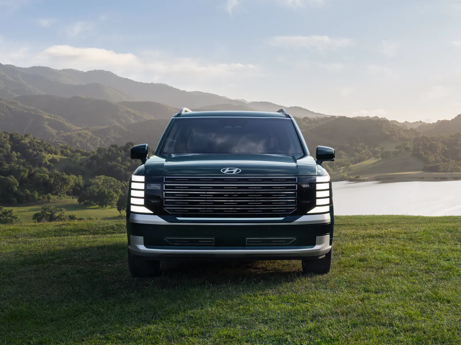 Hyundai Palisade vert foncé vu de face sur une pelouse, devant un lac et des collines